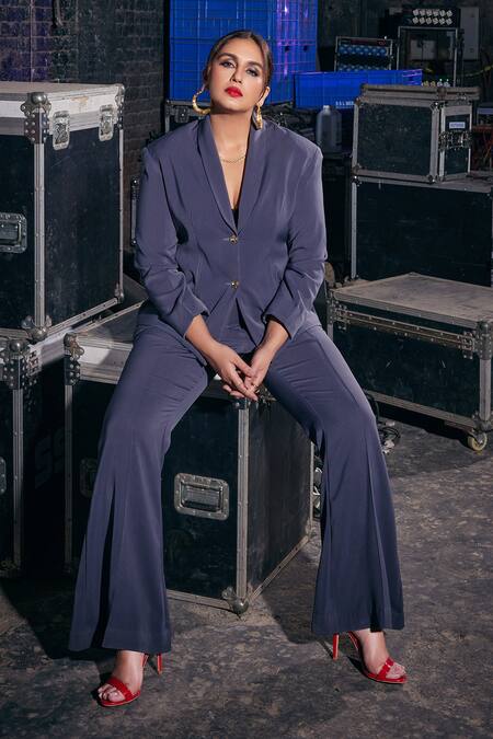 Shop_Nirmooha_Grey Micro Shawl Collar Blazer 