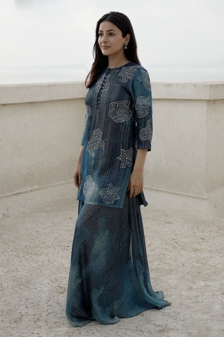 Nirmooha Blue Lurex Hand Embroidery Sequins Round Neck Kurta Sharara Set 