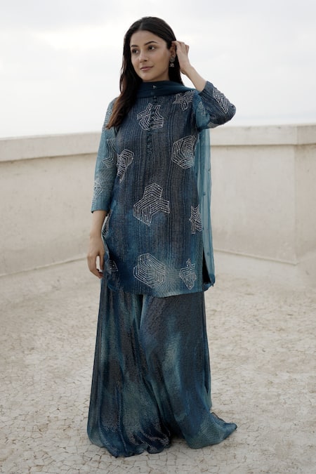 Shop_Nirmooha_Blue Net, Lurex Sequins Round Neck Hand Embroidered Kurta Sharara Set _Online_at_Aza_Fashions