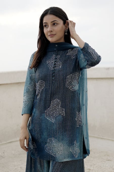 Nirmooha_Blue Net, Lurex Sequins Round Neck Hand Embroidered Kurta Sharara Set _at_Aza_Fashions