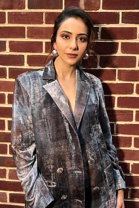 Nirmooha_Grey Velvet, Chiffon Blazer Notched Lapel Collar Pant Set With Bralette _at_Aza_Fashions
