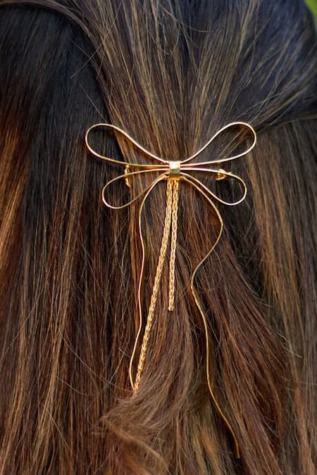 Shop_Eurumme_Gold Bowtie Pattern Hair Clip _at_Aza_Fashions