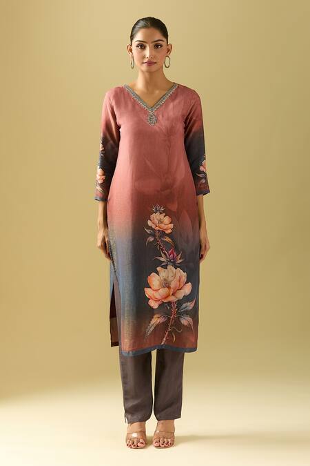 Shop_Samyukta Singhania_Peach Viscose, Silk, Cotton Embroidery Floral Print Kurta Set With Dupatta_Online_at_Aza_Fashions