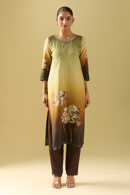 Shop_Naintara Bajaj_Green Viscose, Silk Sequins, Beads Round Neck Flower Print Kurta Set _Online_at_Aza_Fashions