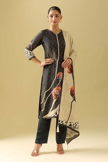 Buy_Samyukta Singhania_Black Viscose, Silk, Cotton Sequins, Beads, Embroidery Florette Print Kurta Set_Online_at_Aza_Fashions