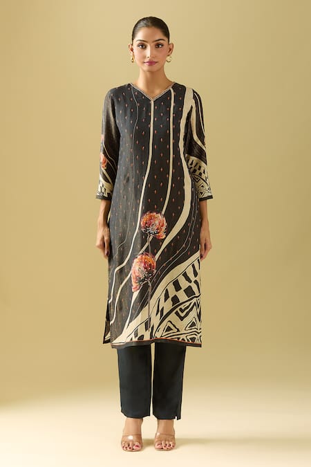 Shop_Samyukta Singhania_Black Viscose, Silk, Cotton Sequins, Beads, Embroidery Florette Print Kurta Set_Online_at_Aza_Fashions