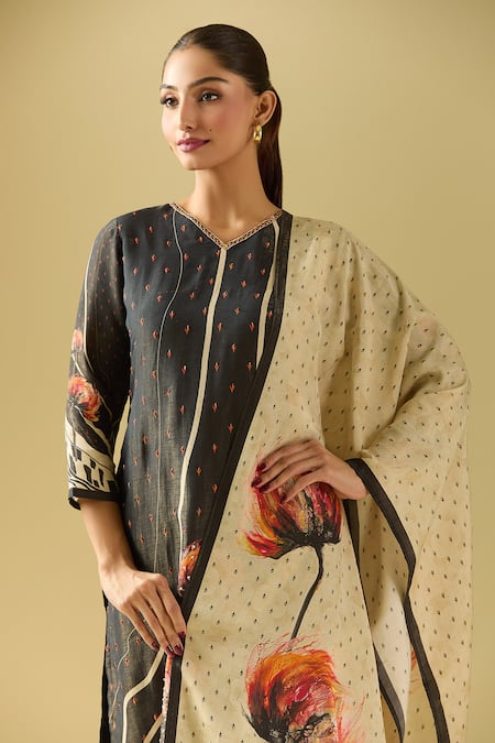 Samyukta Singhania_Black Viscose, Silk, Cotton Sequins, Beads, Embroidery Florette Print Kurta Set_at_Aza_Fashions