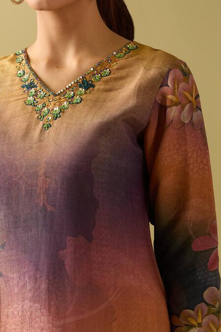 Shop Samyukta Singhania Multi Color Viscose, Silk Sequins, Beads Bloom Print Kurta Set With Dupatta Online at Aza Fashions Shop_Samyukta Singhania_Multi Color Viscose, Silk Sequins, Beads Bloom Print Kurta Set With Dupatta_Online_at_Aza_Fashions