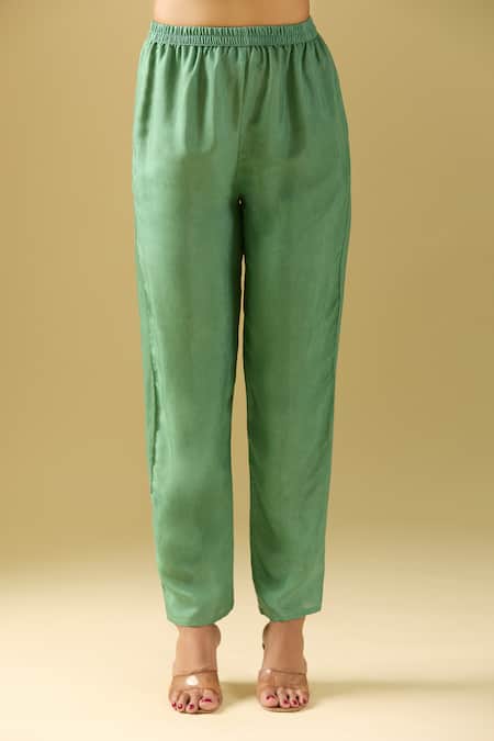 Buy_Naintara Bajaj_Green Crepe, Cotton, Satin Beads, Cut Work V-neck Fleur Print Kurta Pant Set _Online_at_Aza_Fashions