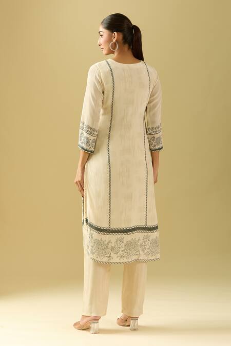 Shop Samyukta Singhania White Crepe, Silk, Chiffon Sequins, Cut Work V-neck Iris Bloom Printed Kurta Set at Aza Fashions Shop_Samyukta Singhania_White Crepe, Silk, Chiffon Sequins, Cut Work V-neck Iris Bloom Printed Kurta Set_at_Aza_Fashions