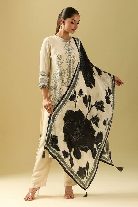 Samyukta Singhania White Crepe, Silk, Chiffon Sequins, Cut Work V-neck Iris Bloom Printed Kurta Set at Aza Fashions Samyukta Singhania_White Crepe, Silk, Chiffon Sequins, Cut Work V-neck Iris Bloom Printed Kurta Set_at_Aza_Fashions