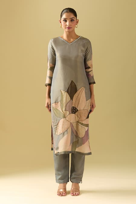 Shop_Naintara Bajaj_Gray Tissue, Cotton, Silk Sequins, Cut Work Floral Placement Print Kurta Set _Online_at_Aza_Fashions