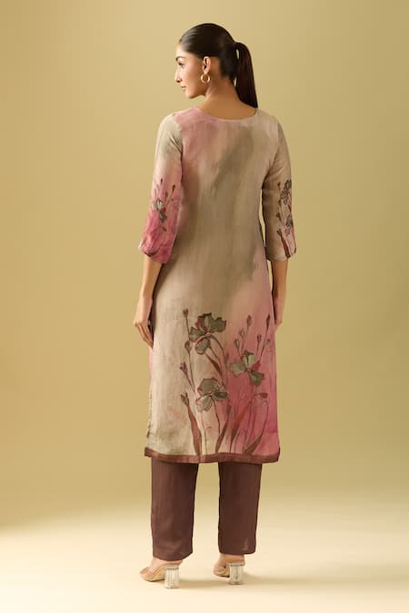 Shop Naintara Bajaj Gray Tissue, Cotton, Silk Sequins Round Neck Bloom Print Kurta Pant Set at Aza Fashions Shop_Naintara Bajaj_Gray Tissue, Cotton, Silk Sequins Round Neck Bloom Print Kurta Pant Set_at_Aza_Fashions