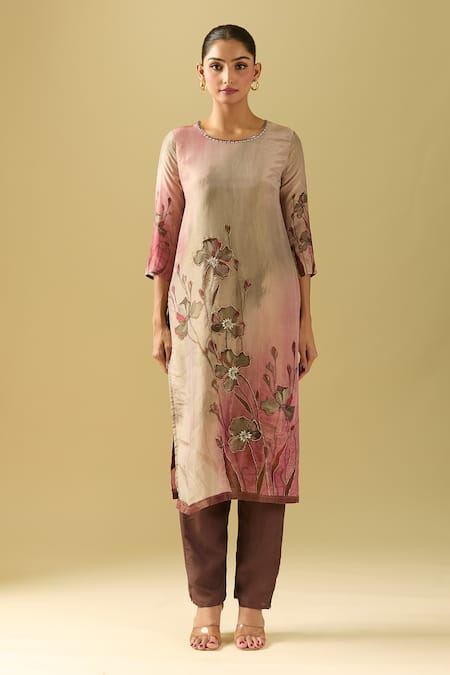 Naintara Bajaj Gray Tissue, Cotton, Silk Sequins Round Neck Bloom Print Kurta Pant Set Online at Aza Fashions Naintara Bajaj_Gray Tissue, Cotton, Silk Sequins Round Neck Bloom Print Kurta Pant Set_Online_at_Aza_Fashions