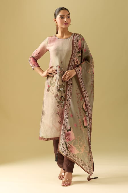 Shop Naintara Bajaj Gray Tissue, Cotton, Silk Sequins Round Neck Bloom Print Kurta Pant Set Online at Aza Fashions Shop_Naintara Bajaj_Gray Tissue, Cotton, Silk Sequins Round Neck Bloom Print Kurta Pant Set_Online_at_Aza_Fashions