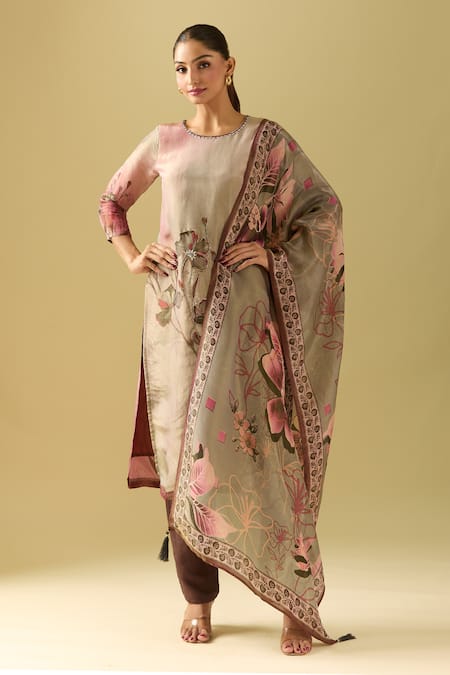 Naintara Bajaj Gray Tissue, Cotton, Silk Sequins Round Neck Bloom Print Kurta Pant Set at Aza Fashions Naintara Bajaj_Gray Tissue, Cotton, Silk Sequins Round Neck Bloom Print Kurta Pant Set_at_Aza_Fashions