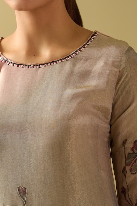 Buy Naintara Bajaj Gray Tissue, Cotton, Silk Sequins Round Neck Bloom Print Kurta Pant Set Buy_Naintara Bajaj_Gray Tissue, Cotton, Silk Sequins Round Neck Bloom Print Kurta Pant Set