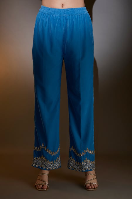 House Of TA-YA_Blue Viscose, Velvet, Silk Sequins, Cut Work, Embroidery Cutdana Kurta Set _Online_at_Aza_Fashions
