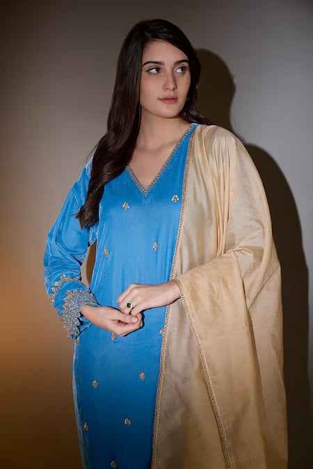 Buy_House Of TA-YA_Blue Viscose, Velvet, Silk Sequins, Cut Work, Embroidery Cutdana Kurta Set _Online_at_Aza_Fashions