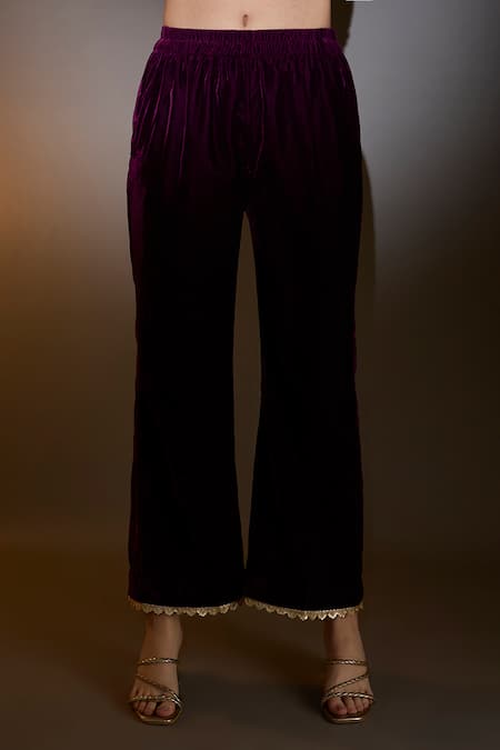 Buy_House Of TA-YA_Wine Viscose Lace, Sequins V-neck And Embroidered Kurta Set _Online_at_Aza_Fashions