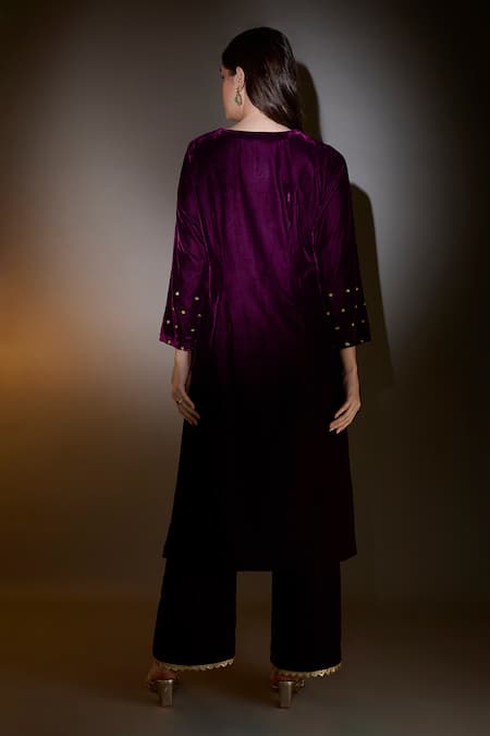 Shop_House Of TA-YA_Wine Viscose Lace, Sequins V-neck And Embroidered Kurta Set _at_Aza_Fashions