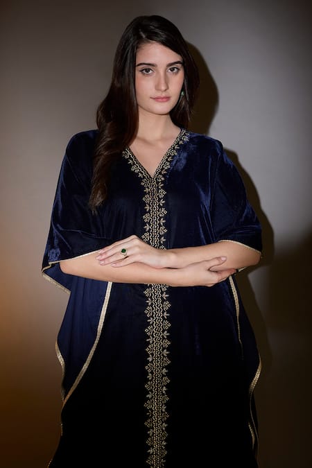 House Of TA-YA_Blue Viscose, Velvet Lace, Zari V-neck Dabka Embroidered Kaftan And Pant Set _Online_at_Aza_Fashions