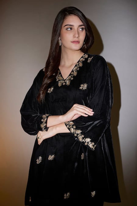 Buy_House Of TA-YA_Black Viscose, Velvet Diamonds Dabka Hand Embroidered Kurta And Dhoti Pant Set _Online_at_Aza_Fashions