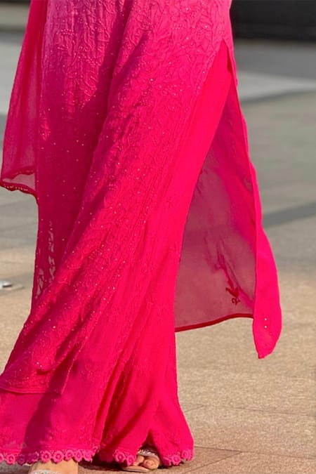 LABEL AISHWARYRIKA_Pink Georgette Embroidery Split V-neck Ombre Chikankari Kurta Palazzo Set _Online_at_Aza_Fashions