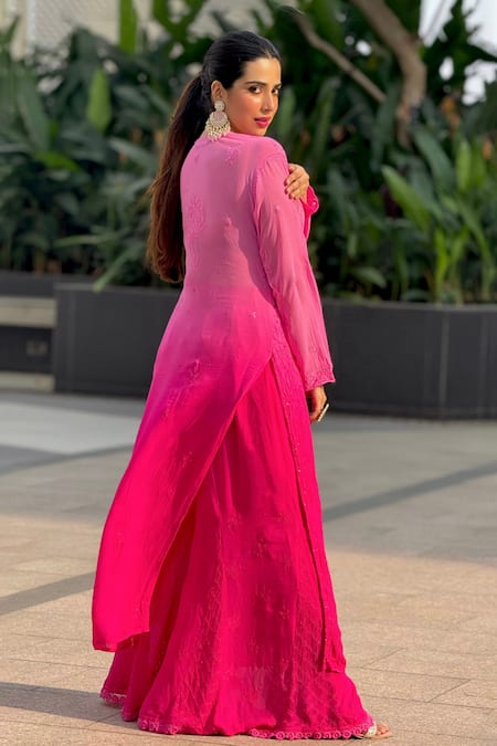 Shop_LABEL AISHWARYRIKA_Pink Georgette Embroidery Split V-neck Ombre Chikankari Kurta Palazzo Set _at_Aza_Fashions