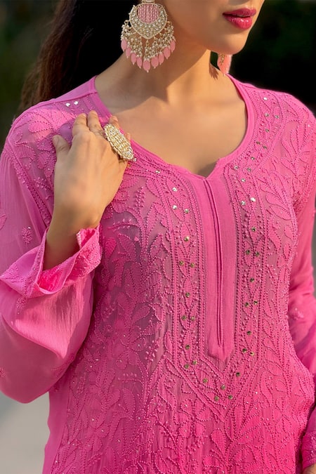 Buy_LABEL AISHWARYRIKA_Pink Georgette Embroidery Split V-neck Ombre Chikankari Kurta Palazzo Set 