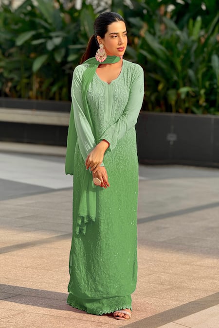 Shop_LABEL AISHWARYRIKA_Green Georgette Mirrors Split V-neck Ombre Chikankari Kurta Set _at_Aza_Fashions