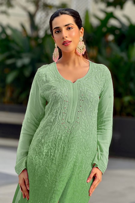 Shop_LABEL AISHWARYRIKA_Green Georgette Mirrors Split V-neck Ombre Chikankari Kurta Set _Online_at_Aza_Fashions