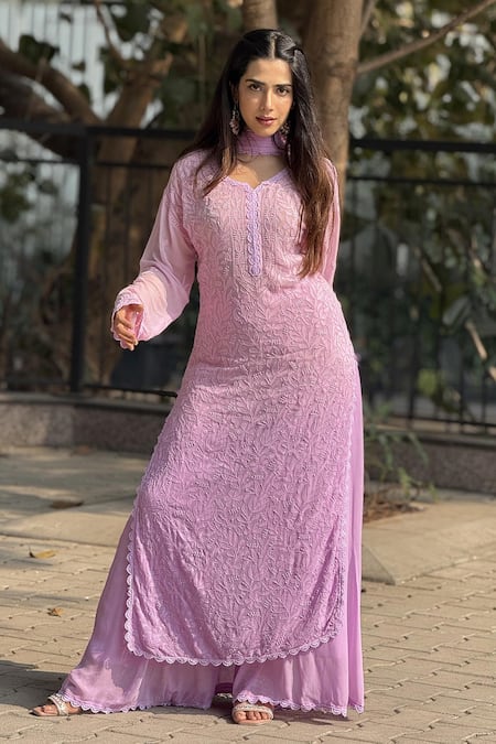 Buy LABEL AISHWARYRIKA Pink Georgette Embroidery Split V-neck Floral Chikankari Kurta Set Online at Aza Fashions Buy_LABEL AISHWARYRIKA_Pink Georgette Embroidery Split V-neck Floral Chikankari Kurta Set _Online_at_Aza_Fashions