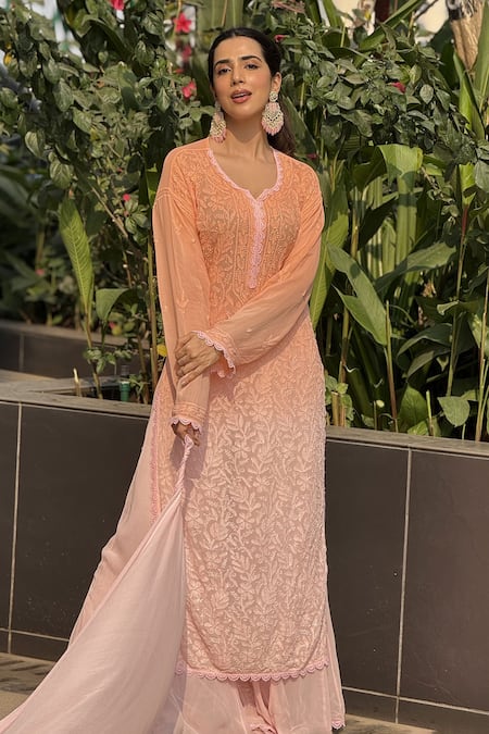 Shop LABEL AISHWARYRIKA Orange Georgette Embroidery Split V-neck Floral Chikankari Kurta Palazzo Set Online at Aza Fashions Shop_LABEL AISHWARYRIKA_Orange Georgette Embroidery Split V-neck Floral Chikankari Kurta Palazzo Set _Online_at_Aza_Fashions