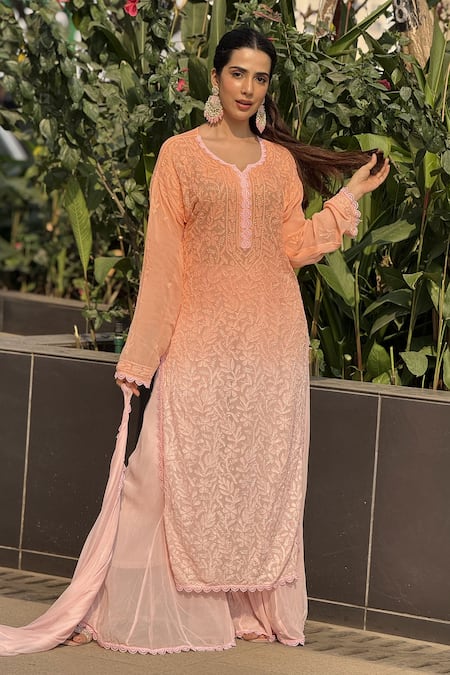 LABEL AISHWARYRIKA Orange Georgette Embroidery Split V-neck Floral Chikankari Kurta Palazzo Set at Aza Fashions LABEL AISHWARYRIKA_Orange Georgette Embroidery Split V-neck Floral Chikankari Kurta Palazzo Set _at_Aza_Fashions