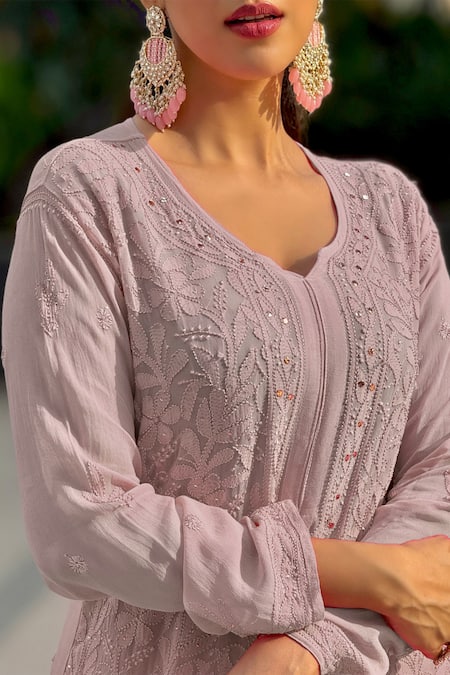 Buy LABEL AISHWARYRIKA Pink Georgette Embroidery, Mirrors Split V-neck Ombre Chikankari Kurta Set Online at Aza Fashions Buy_LABEL AISHWARYRIKA_Pink Georgette Embroidery, Mirrors Split V-neck Ombre Chikankari Kurta Set _Online_at_Aza_Fashions
