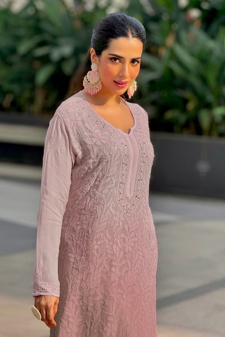 Shop LABEL AISHWARYRIKA Pink Georgette Embroidery, Mirrors Split V-neck Ombre Chikankari Kurta Set at Aza Fashions Shop_LABEL AISHWARYRIKA_Pink Georgette Embroidery, Mirrors Split V-neck Ombre Chikankari Kurta Set _at_Aza_Fashions