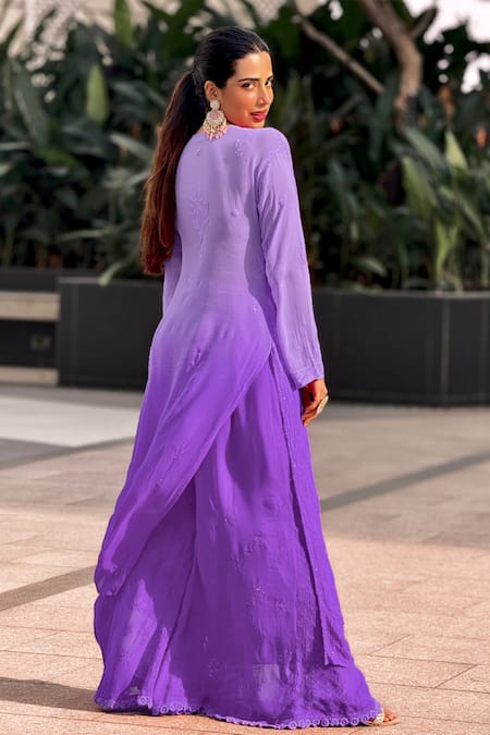 Shop_LABEL AISHWARYRIKA_Purple Georgette Mirrors, Embroidery Split Ombre Chikankari Kurta Palazzo Set _at_Aza_Fashions