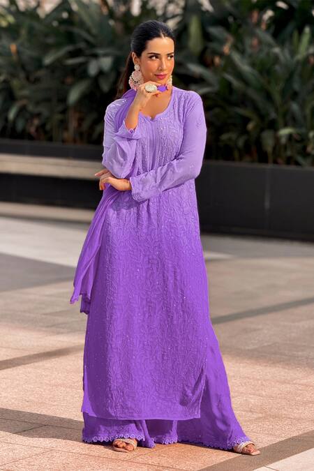 Buy_LABEL AISHWARYRIKA_Purple Georgette Mirrors, Embroidery Split Ombre Chikankari Kurta Palazzo Set _Online_at_Aza_Fashions