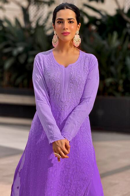 Shop_LABEL AISHWARYRIKA_Purple Georgette Mirrors, Embroidery Split Ombre Chikankari Kurta Palazzo Set _Online_at_Aza_Fashions