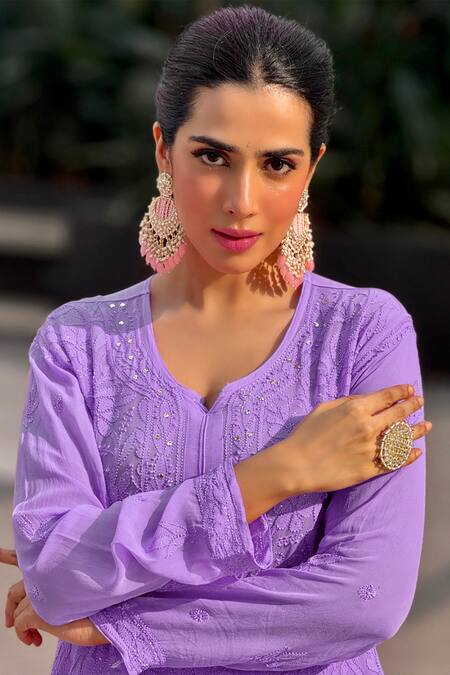 LABEL AISHWARYRIKA_Purple Georgette Mirrors, Embroidery Split Ombre Chikankari Kurta Palazzo Set _at_Aza_Fashions