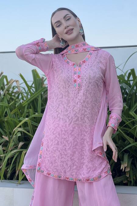 Buy LABEL AISHWARYRIKA Pink Georgette Embroidery Split V-neck Floral Chikankari Kurta Set Online at Aza Fashions Buy_LABEL AISHWARYRIKA_Pink Georgette Embroidery Split V-neck Floral Chikankari Kurta Set_Online_at_Aza_Fashions
