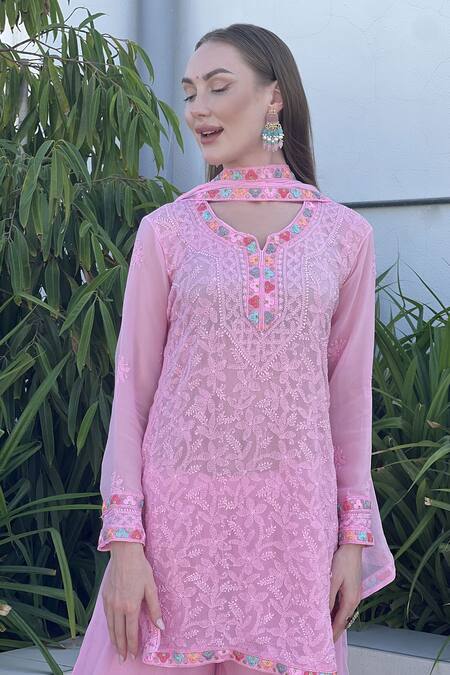 Shop LABEL AISHWARYRIKA Pink Georgette Embroidery Split V-neck Floral Chikankari Kurta Set Online at Aza Fashions Shop_LABEL AISHWARYRIKA_Pink Georgette Embroidery Split V-neck Floral Chikankari Kurta Set_Online_at_Aza_Fashions