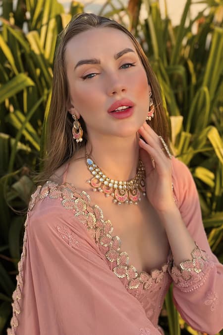 LABEL AISHWARYRIKA Rose Gold Georgette Embroidery, Sequins Floral Chikankari Anarkali Palazzo Set Online at Aza Fashions LABEL AISHWARYRIKA_Rose Gold Georgette Embroidery, Sequins Floral Chikankari Anarkali Palazzo Set _Online_at_Aza_Fashions