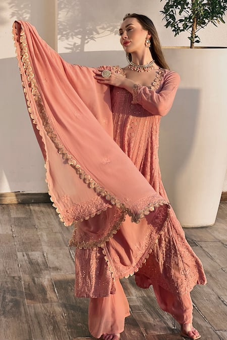 Shop LABEL AISHWARYRIKA Rose Gold Georgette Embroidery, Sequins Floral Chikankari Anarkali Palazzo Set at Aza Fashions Shop_LABEL AISHWARYRIKA_Rose Gold Georgette Embroidery, Sequins Floral Chikankari Anarkali Palazzo Set _at_Aza_Fashions