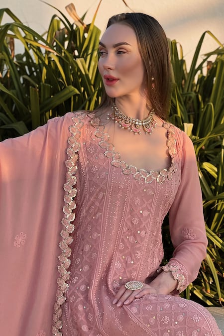 Buy LABEL AISHWARYRIKA Rose Gold Georgette Embroidery, Sequins Floral Chikankari Anarkali Palazzo Set Online at Aza Fashions Buy_LABEL AISHWARYRIKA_Rose Gold Georgette Embroidery, Sequins Floral Chikankari Anarkali Palazzo Set _Online_at_Aza_Fashions