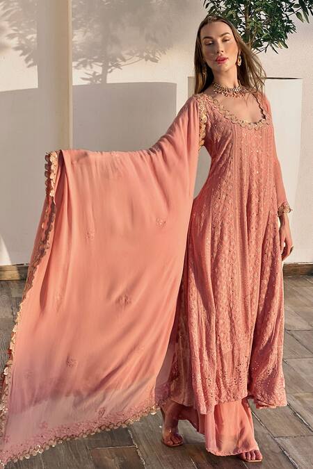 Shop LABEL AISHWARYRIKA Rose Gold Georgette Embroidery, Sequins Floral Chikankari Anarkali Palazzo Set Online at Aza Fashions Shop_LABEL AISHWARYRIKA_Rose Gold Georgette Embroidery, Sequins Floral Chikankari Anarkali Palazzo Set _Online_at_Aza_Fashions