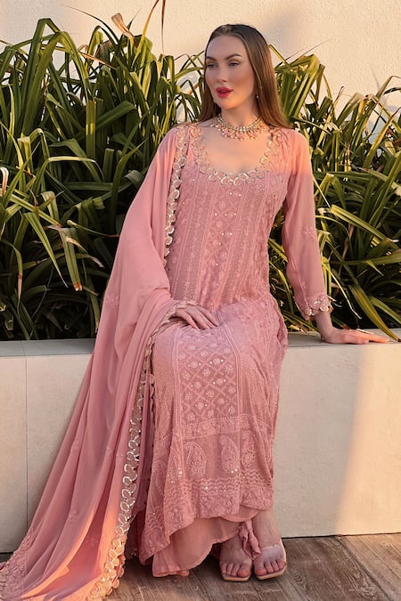 LABEL AISHWARYRIKA Rose Gold Georgette Embroidery, Sequins Floral Chikankari Anarkali Palazzo Set at Aza Fashions LABEL AISHWARYRIKA_Rose Gold Georgette Embroidery, Sequins Floral Chikankari Anarkali Palazzo Set _at_Aza_Fashions