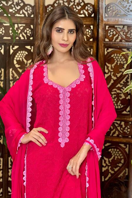 LABEL AISHWARYRIKA Pink Georgette Embroidery, Lace Collared Floral Chikankari Kurta Palazzo Set Online at Aza Fashions LABEL AISHWARYRIKA_Pink Georgette Embroidery, Lace Collared Floral Chikankari Kurta Palazzo Set _Online_at_Aza_Fashions