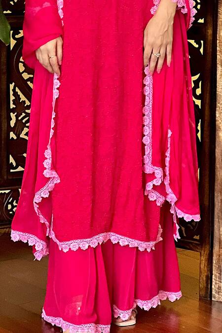 Buy LABEL AISHWARYRIKA Pink Georgette Embroidery, Lace Collared Floral Chikankari Kurta Palazzo Set Online at Aza Fashions Buy_LABEL AISHWARYRIKA_Pink Georgette Embroidery, Lace Collared Floral Chikankari Kurta Palazzo Set _Online_at_Aza_Fashions